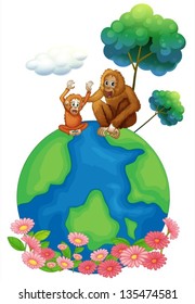 Illustration of a small and a big orangutan sitting above the planet earth on a white background