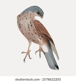 Illustration of a small bird, likely a kestrel, with brown and gray feathers. The bird is perched. Vintage bird illustration vector.