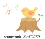 It is an illustration of a small bird on a stump singing a song.