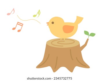 It is an illustration of a small bird on a stump singing a song.