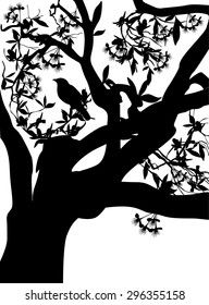 ilustración con aves pequeñas en ramas de árboles en floración