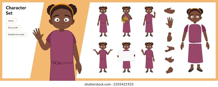 Illustration of a small black child, wearing casual clothing in a set of multiple poses. Easy to edit with editable line strokes and isolated on white background. Suitable for animation.