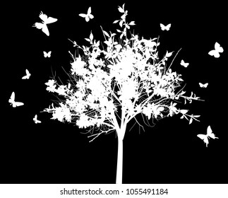 illustration with small blossoming tree with large flowers and flying butterflies isolated on black background