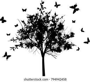 illustration with small blossoming tree with large flowers and flying butterflies isolated on white background