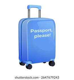 An illustration of a small blue suitcase with a white inscription on the front, perfect for travel. Ideal for use in advertisements, stickers, and brochures. 
