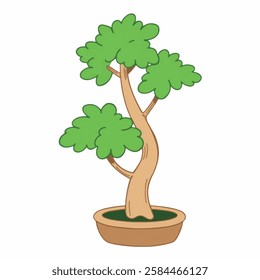 Illustration of a Small Bonsai Tree with Lush Green Leaves in a Pot, Perfect for Nature and Zen Themes A small bonsai tree with vibrant green leaves, carefully shaped and placed in a simple pot, symbo