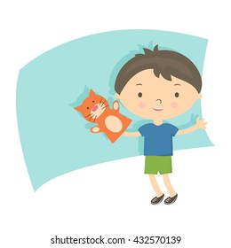 Illustration small boy with hand puppet toy. Vector