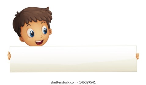 Illustration of a small boy holding an empty banner on a white background 
