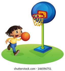 Illustration of a small boy playing basketball on a white background 