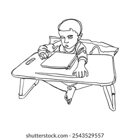 illustration of small boy playing on smart tablet line art design concept