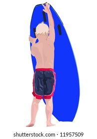 Illustration of a small boy steadying a large blue surfboard