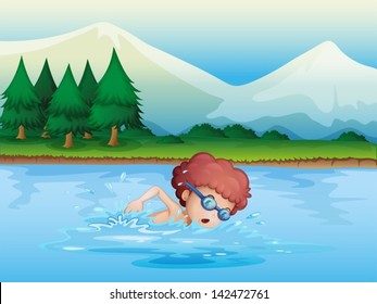 Illustration of a small boy swimming