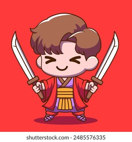 Illustration of a small boy wearing a samurai costume and carrying a toy sword