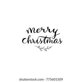 Illustration of small branches around words saying Merry Christmas on white backdrop. 