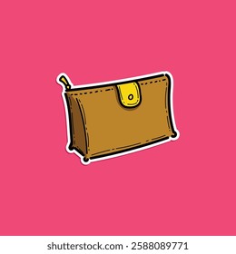 Illustration of a small brown purse in a cartoon style, set against a vibrant pink background, representing fashion, style, and design.