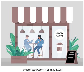 Illustration of a small business-a coffee shop in an ecological design of wood and plants, behind the glass visitor cute couple inside the building drinking coffee. Vector illustration in flat style.