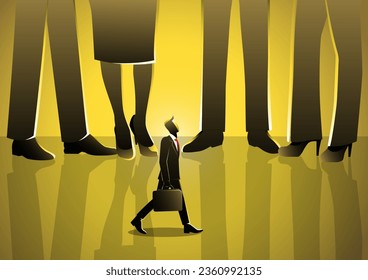 An illustration of a small businessman standing under giant business people