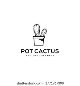 Illustration small cactus tree in a pot that thrives and is beautiful plant logo design.
