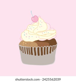Ilustración de un pequeño pastel decorado con cerezas rojas en crema blanca