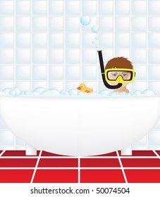 Illustration of a small child in a bath full of bubbles