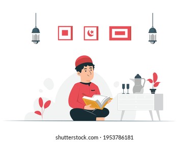 illustration of a small child doing the Koran in the month of Ramadan