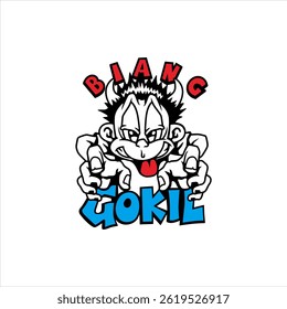 Illustration of a small child with horns and the words biang gokil written on it, this can be used as a design