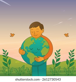 Illustration of a small child hugging the earth for the Earth Day celebration