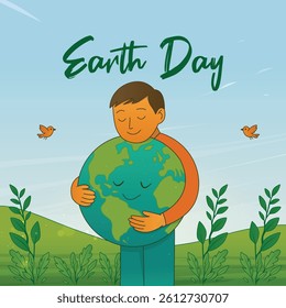 Illustration of a small child hugging the earth for the Earth Day celebration