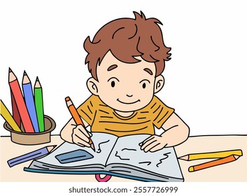 ILLUSTRATION OF A SMALL CHILD LEARNING AND COLORING. COOL AND UNIQUE ILLUSTRATIONS ARE VERY SUITABLE FOR YOUR NEEDS AND THIS IS A VECTOR FILE.