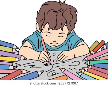 ILLUSTRATION OF A SMALL CHILD LEARNING AND COLORING. COOL AND UNIQUE ILLUSTRATIONS ARE VERY SUITABLE FOR YOUR NEEDS AND THIS IS A VECTOR FILE.