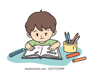 ILLUSTRATION OF A SMALL CHILD LEARNING AND COLORING. COOL AND UNIQUE ILLUSTRATIONS ARE VERY SUITABLE FOR YOUR NEEDS AND THIS IS A VECTOR FILE.