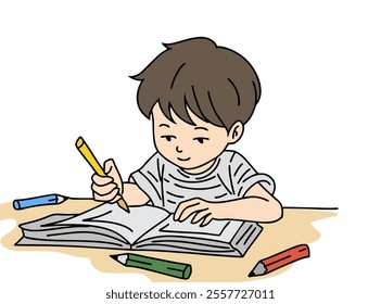 ILLUSTRATION OF A SMALL CHILD LEARNING AND COLORING. COOL AND UNIQUE ILLUSTRATIONS ARE VERY SUITABLE FOR YOUR NEEDS AND THIS IS A VECTOR FILE.