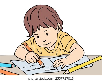 ILLUSTRATION OF A SMALL CHILD LEARNING AND COLORING. COOL AND UNIQUE ILLUSTRATIONS ARE VERY SUITABLE FOR YOUR NEEDS AND THIS IS A VECTOR FILE.