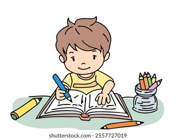 ILLUSTRATION OF A SMALL CHILD LEARNING AND COLORING. COOL AND UNIQUE ILLUSTRATIONS ARE VERY SUITABLE FOR YOUR NEEDS AND THIS IS A VECTOR FILE.