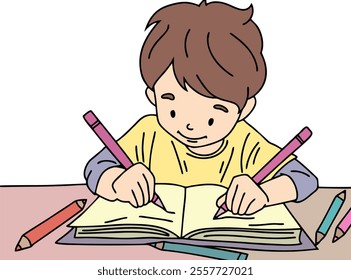 ILLUSTRATION OF A SMALL CHILD LEARNING AND COLORING. COOL AND UNIQUE ILLUSTRATIONS ARE VERY SUITABLE FOR YOUR NEEDS AND THIS IS A VECTOR FILE.
