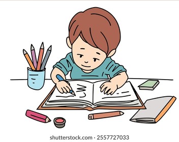 ILLUSTRATION OF A SMALL CHILD LEARNING AND COLORING. COOL AND UNIQUE ILLUSTRATIONS ARE VERY SUITABLE FOR YOUR NEEDS AND THIS IS A VECTOR FILE.