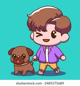 illustration of a small child in a purple shirt walking with his beloved dog