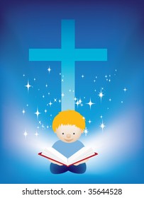 illustration of a small child reading the bible