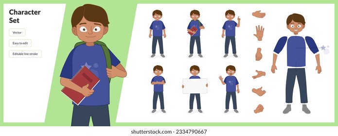 Illustration of a small child, wearing casual clothing in a set of multiple poses. Easy to edit with editable line strokes and isolated on white background. Suitable for animation.