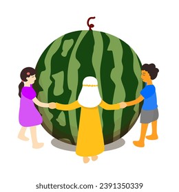 Illustration of small children joining hands to hug a round watermelon, the symbol of Palestine