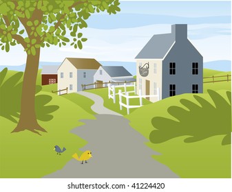 Illustration of a small country village with cottages.