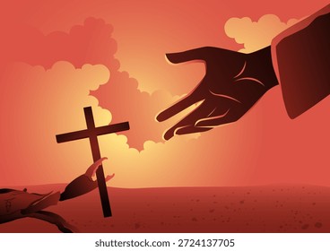 Eine Abbildung einer kleinen Krabbe, die aus dem Sand austritt und ein hölzernes Kruzifix nach oben in Richtung einer großen, weit reichenden Hand hält. Vor einem warmen, sonnigen Hintergrund mit sanften Wolken symbolisiert dieses konzeptuelle Stück den Glauben, die Wunder, die göttliche Intervention und die Legende des hl. Franz Xavier.