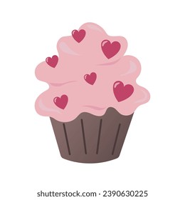 Illustration of small cupcake with pink cream icing and decoration of hearts in cartoon style. Vector clipart with muffin and cream. birthday celebration, holidays concept. Vector illustration.