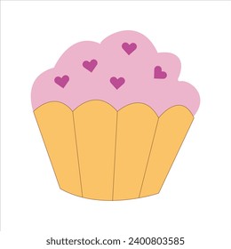 Illustration of small cupcake with pink cream icing and decoration of hearts in cartoon style. Vector clipart with muffin and cream. birthday celebrat