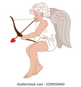Eine Illustration einer kleinen Kuppel mit Pfeil und Bogen, die darauf abzielt. ein kleiner Junge mit Flügelfliegen und zielt Liebespfeile auf Paare. Das Thema des Valentinstag. Retro-Liebe