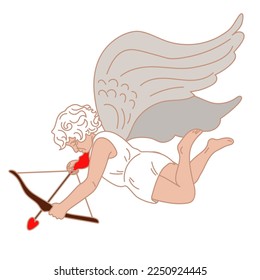 An illustration of a small cupid with a bow and arrow, which aims. a little boy with wings flies and aims love arrows at couples. The theme of Valentine's Day. Retro love