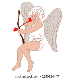 Ilustración de un pequeño cupido con arco y flecha, que apunta. un niño pequeño con alas vuela y apunta a las flechas de amor a las parejas. El tema del Día de San Valentín. Amor retro