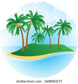 Illustration of a small desert island with palm trees, sea and beach, with nice background vector