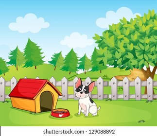 Illustration of a small dog inside the fence