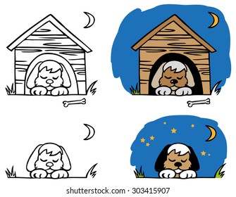 Illustration Of The Small Dog Sleeps At Night In A Kennel With A Bone